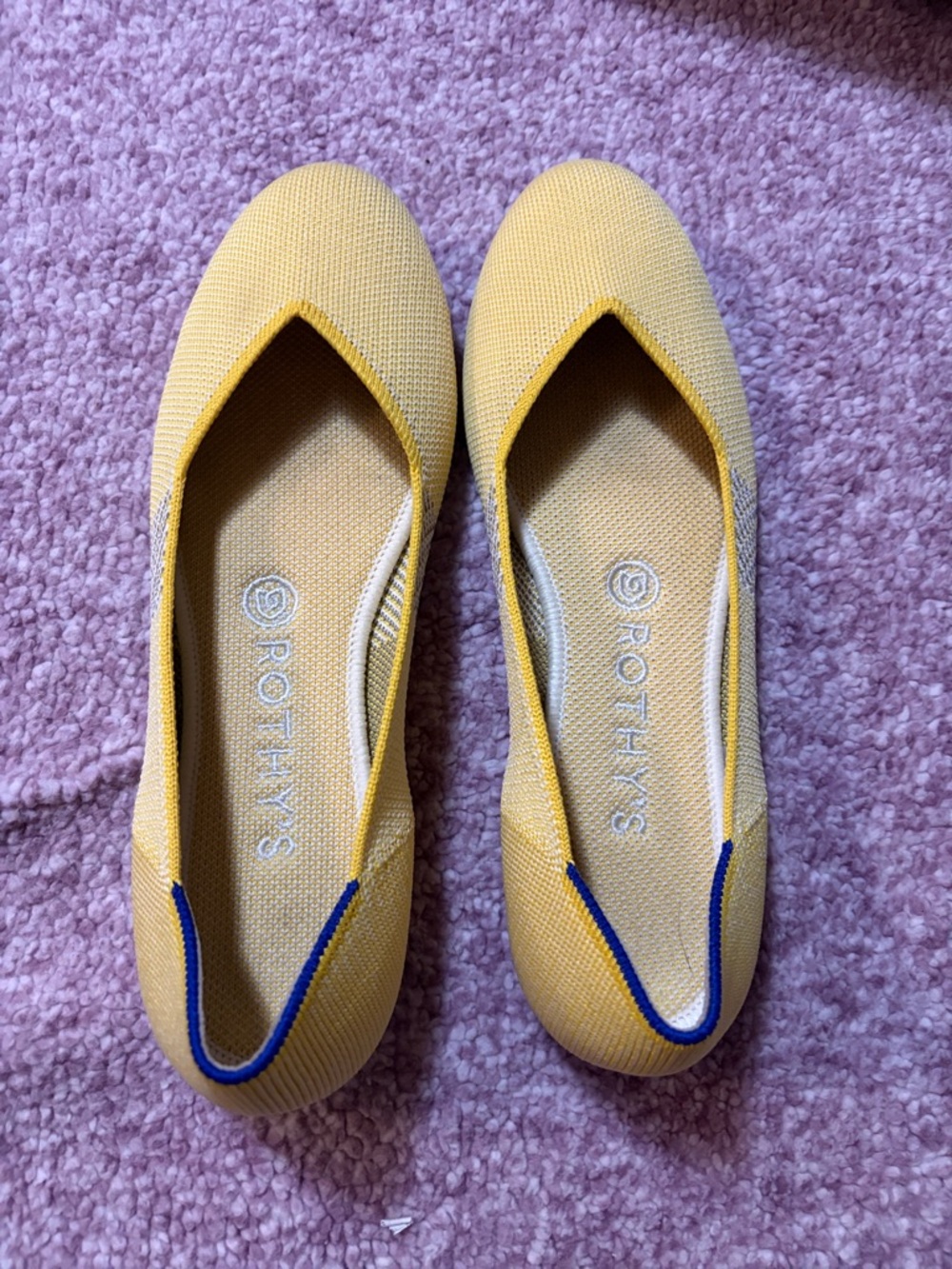 Rothy's Yellow Knit Pointed Flats with Blue Heel Trim - Picture 4 of 6